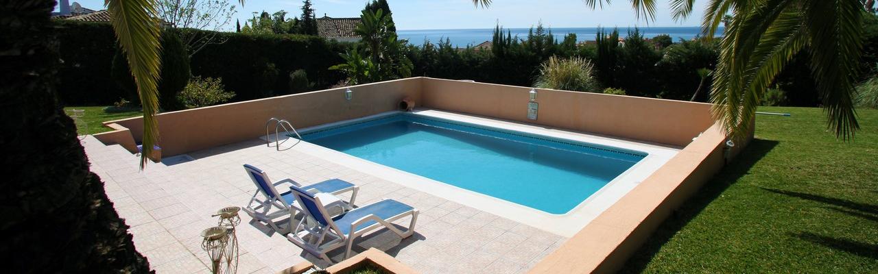 Our very special apartment with it's own fountain in the patio - in a great villa with pool and sea views